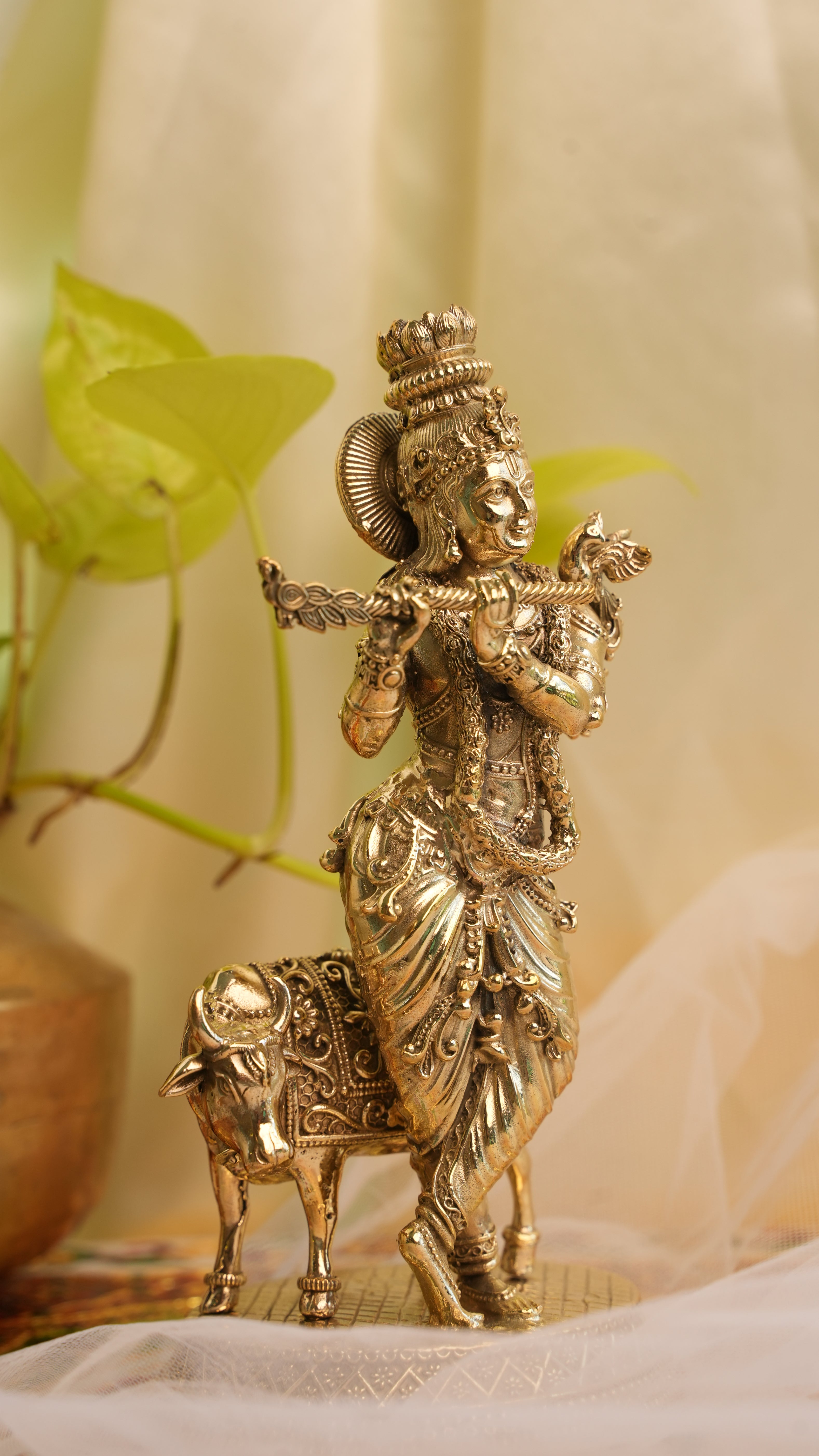 Krishna with Cow Brass Idol | Divine Sculpture of Harmony, Love & Prosperity